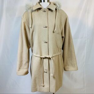 Lorovi | Cream White Tan Faux Fur Satin Lined Hooded Wool Parka Coat Jacket 10